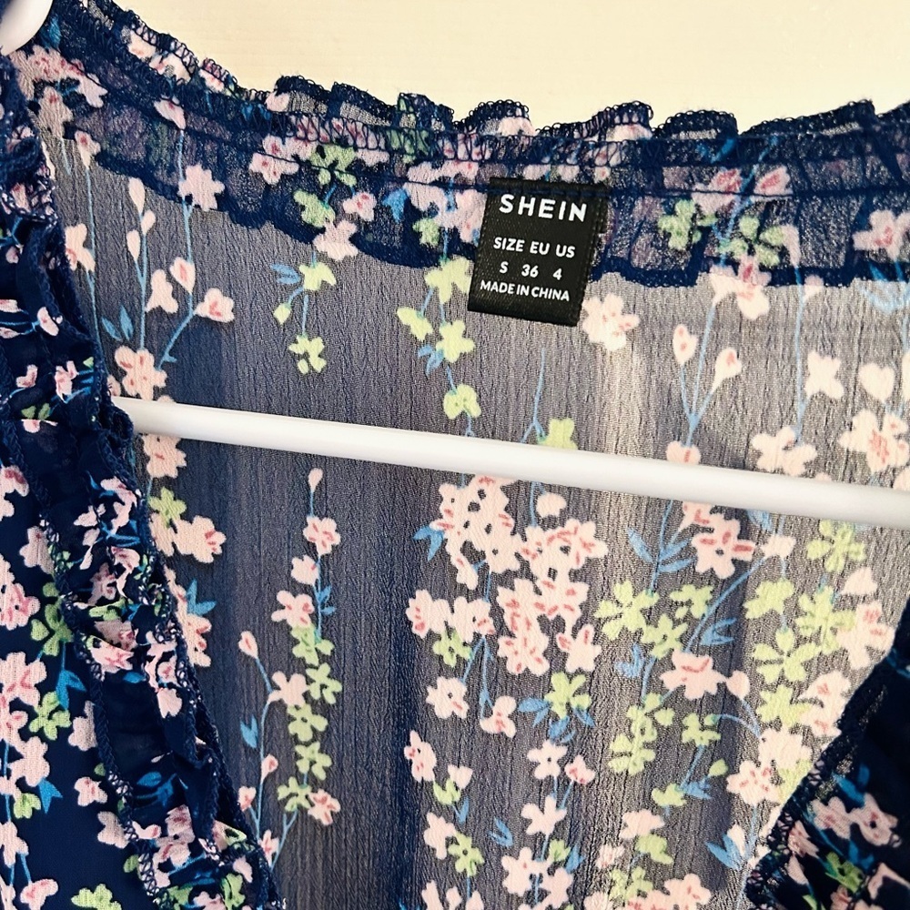 Navy Floral Midi Dress Size Small Long Sleeve Lined Elegant Dress NWOT - Picture 4 of 4